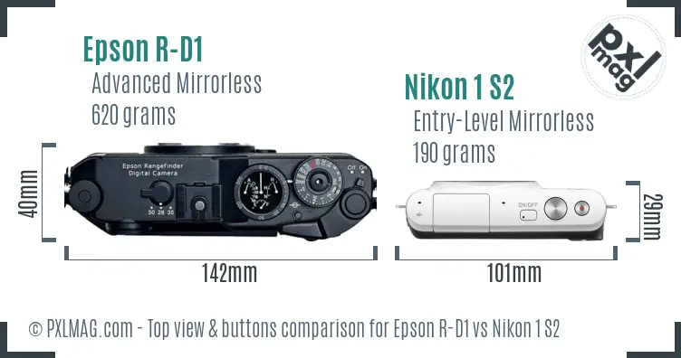 Epson R-D1 vs Nikon 1 S2 top view buttons comparison