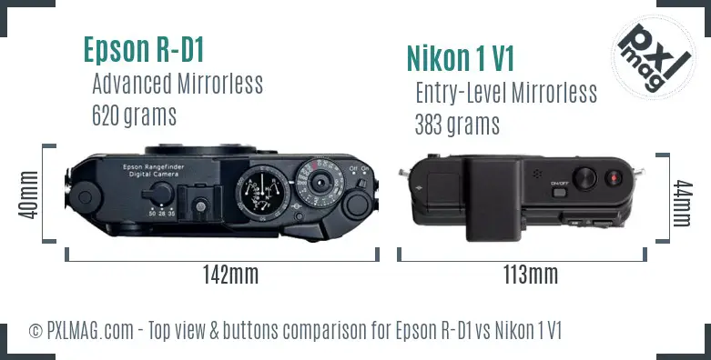 Epson R-D1 vs Nikon 1 V1 top view buttons comparison