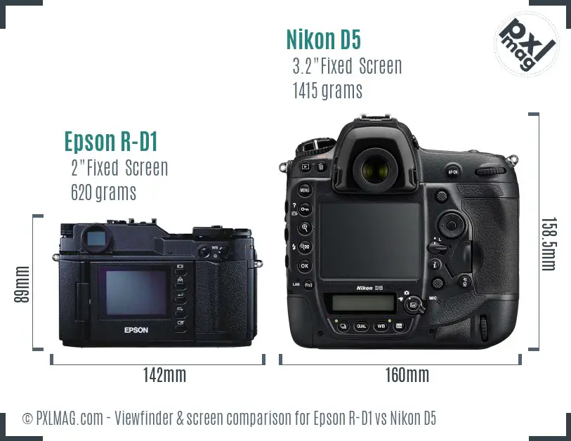 Epson R-D1 vs Nikon D5 Screen and Viewfinder comparison Epson R-D1 vs Nikon D5 Screen and Viewfinder comparison