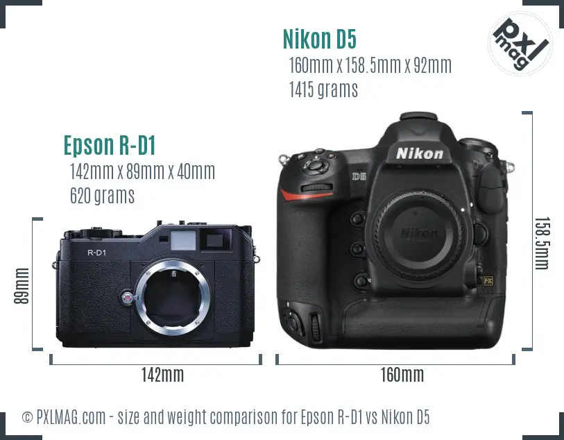 Epson R-D1 vs Nikon D5 size comparison Epson R-D1 vs Nikon D5 size comparison