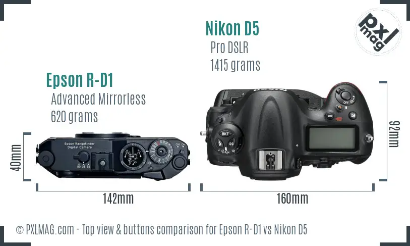 Epson R-D1 vs Nikon D5 top view buttons comparison Epson R-D1 vs Nikon D5 top view buttons comparison