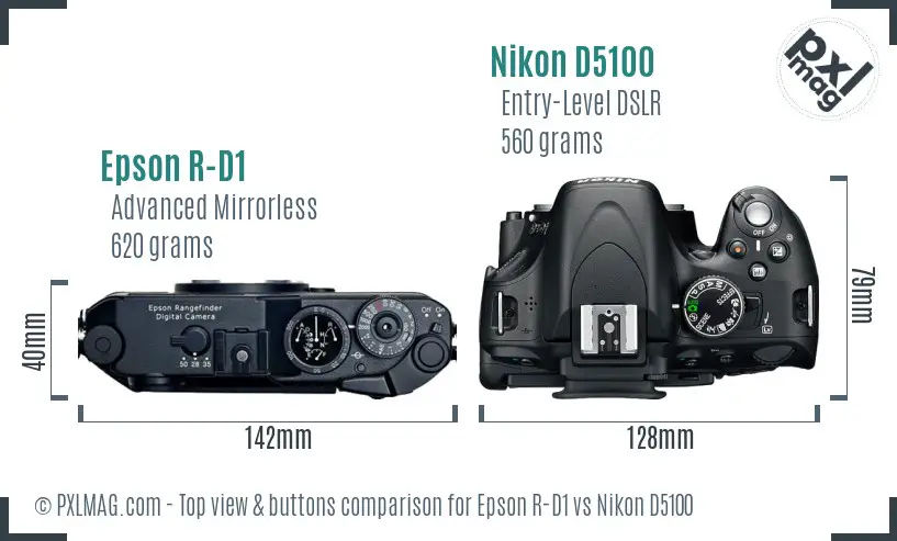 Epson R-D1 vs Nikon D5100 top view buttons comparison