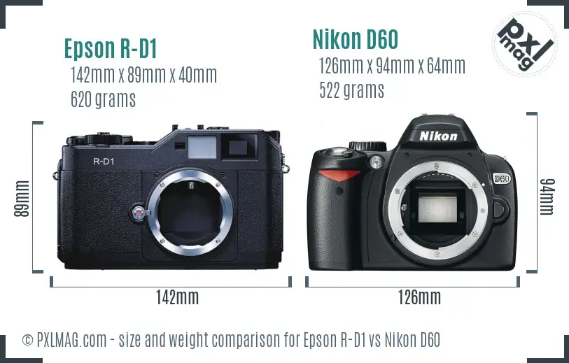 Epson R-D1 vs Nikon D60 size comparison