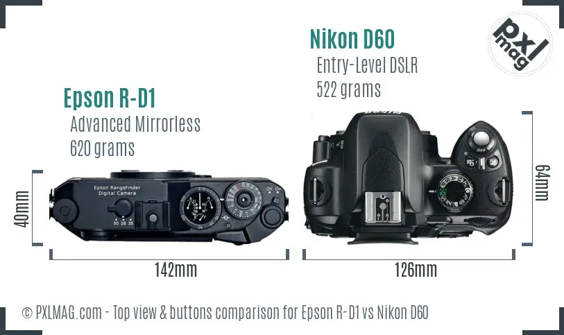 Epson R-D1 vs Nikon D60 top view buttons comparison