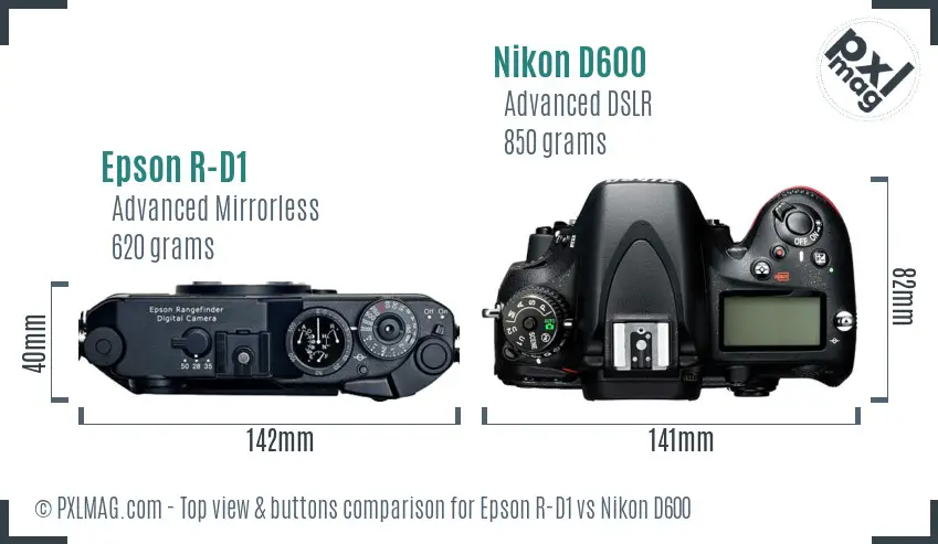 Epson R-D1 vs Nikon D600 top view buttons comparison