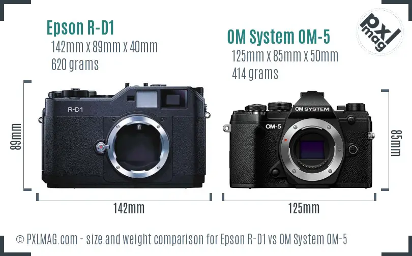 Epson R-D1 vs OM System OM-5 size comparison