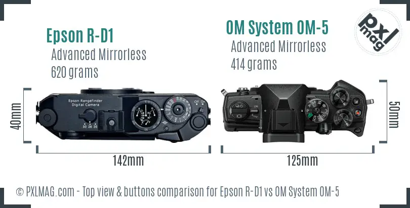 Epson R-D1 vs OM System OM-5 top view buttons comparison