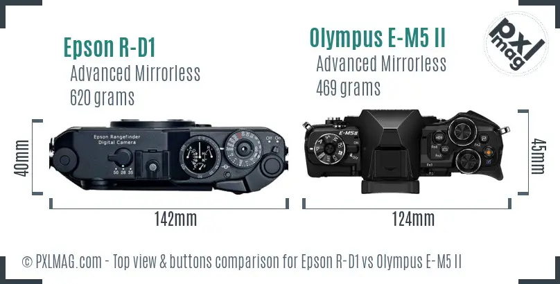 Epson R-D1 vs Olympus E-M5 II top view buttons comparison