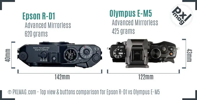 Epson R-D1 vs Olympus E-M5 top view buttons comparison