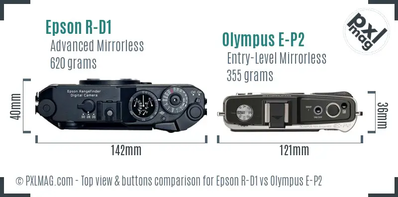 Epson R-D1 vs Olympus E-P2 top view buttons comparison