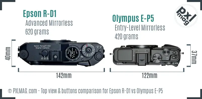 Epson R-D1 vs Olympus E-P5 top view buttons comparison