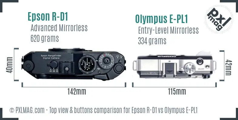 Epson R-D1 vs Olympus E-PL1 top view buttons comparison