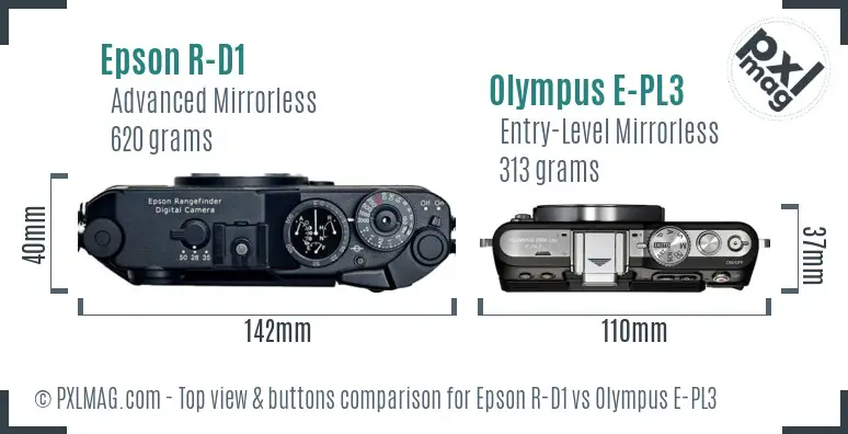 Epson R-D1 vs Olympus E-PL3 top view buttons comparison