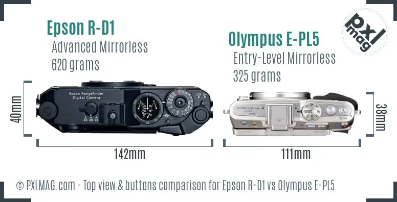 Epson R-D1 vs Olympus E-PL5 top view buttons comparison