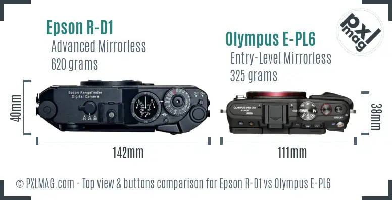 Epson R-D1 vs Olympus E-PL6 top view buttons comparison Epson R-D1 vs Olympus E-PL6 top view buttons comparison