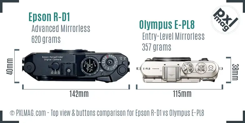 Epson R-D1 vs Olympus E-PL8 top view buttons comparison Epson R-D1 vs Olympus E-PL8 top view buttons comparison