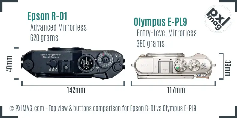 Epson R-D1 vs Olympus E-PL9 top view buttons comparison