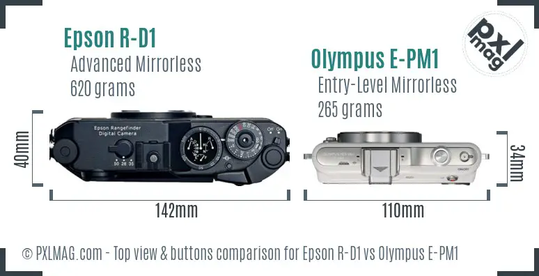 Epson R-D1 vs Olympus E-PM1 top view buttons comparison