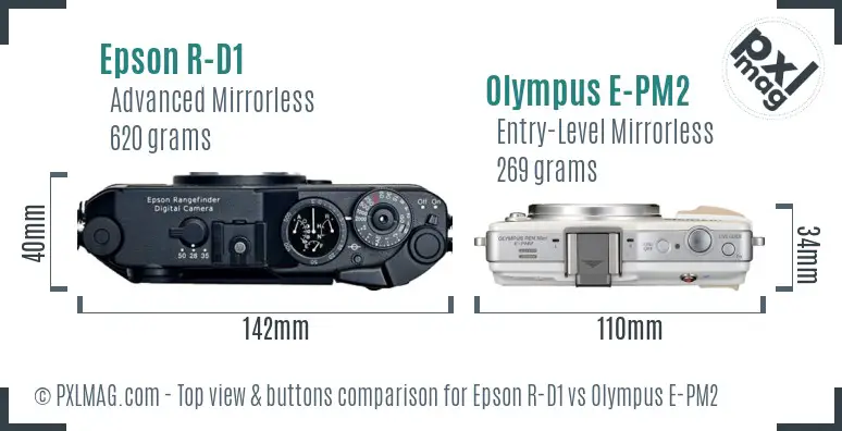 Epson R-D1 vs Olympus E-PM2 top view buttons comparison