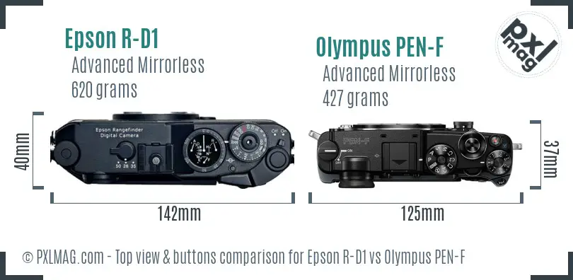 Epson R-D1 vs Olympus PEN-F top view buttons comparison