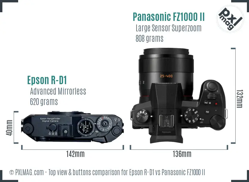 Epson R-D1 vs Panasonic FZ1000 II top view buttons comparison