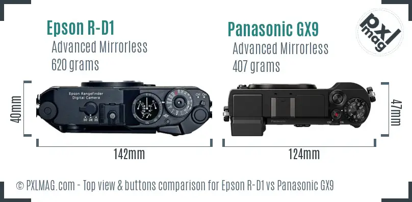 Epson R-D1 vs Panasonic GX9 top view buttons comparison