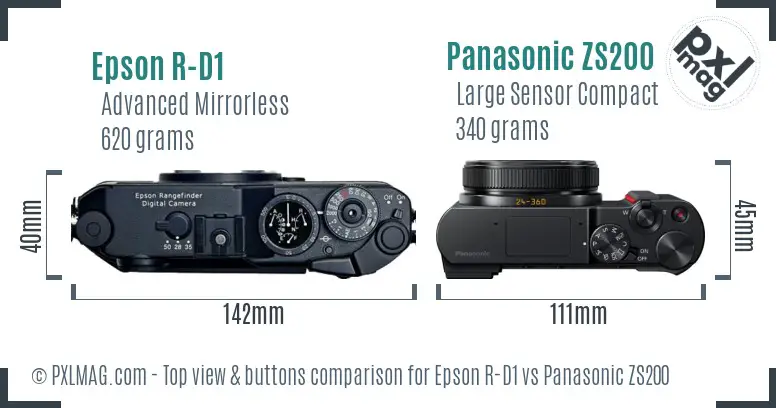 Epson R-D1 vs Panasonic ZS200 top view buttons comparison