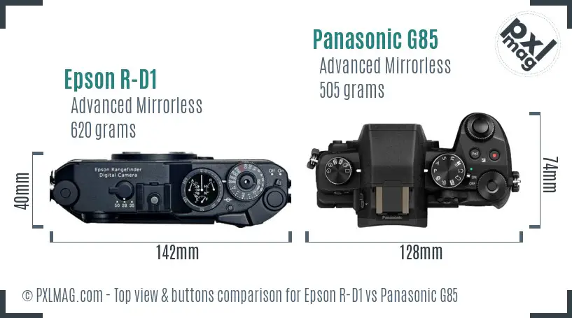 Epson R-D1 vs Panasonic G85 top view buttons comparison