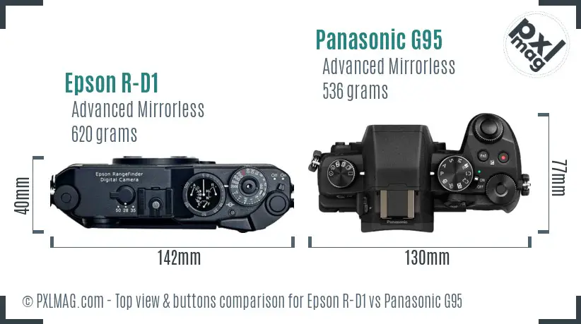 Epson R-D1 vs Panasonic G95 top view buttons comparison