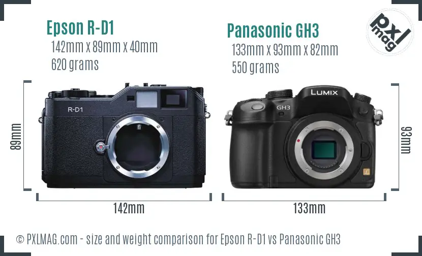 Epson R-D1 vs Panasonic GH3 size comparison