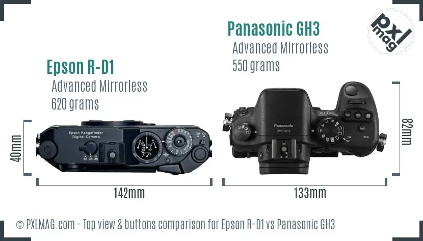 Epson R-D1 vs Panasonic GH3 top view buttons comparison