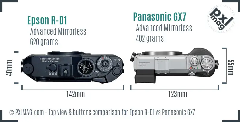 Epson R-D1 vs Panasonic GX7 top view buttons comparison