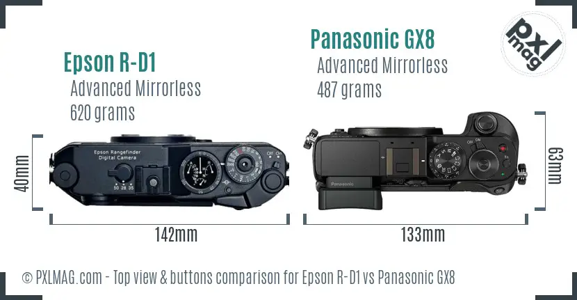 Epson R-D1 vs Panasonic GX8 top view buttons comparison