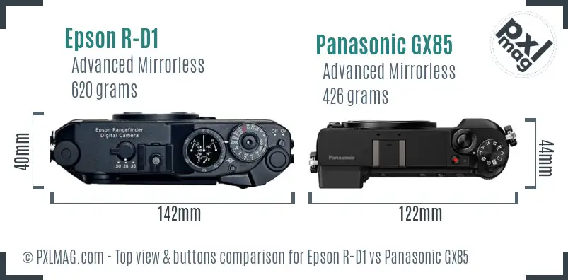 Epson R-D1 vs Panasonic GX85 top view buttons comparison