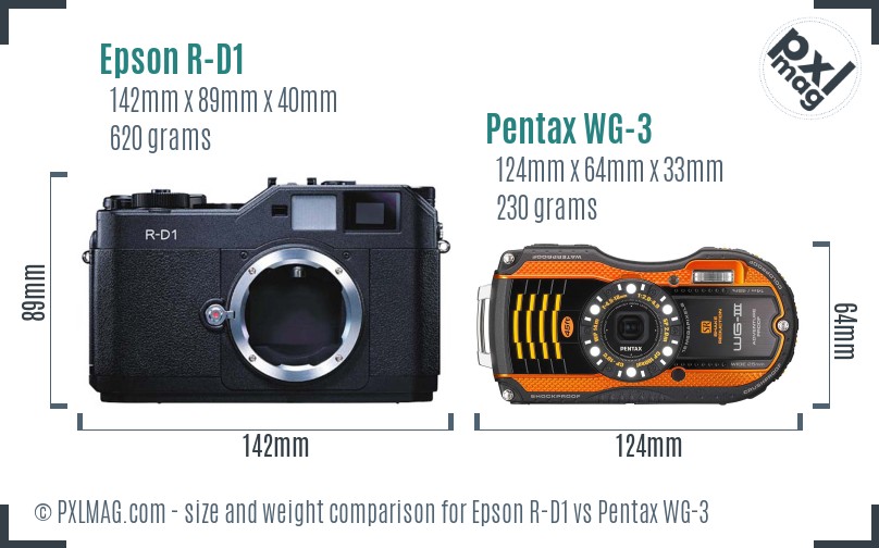 Epson R-D1 vs Pentax WG-3 size comparison