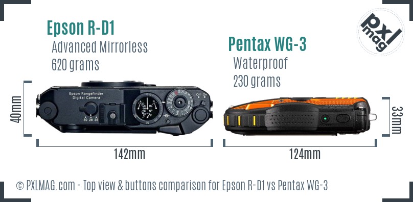 Epson R-D1 vs Pentax WG-3 top view buttons comparison