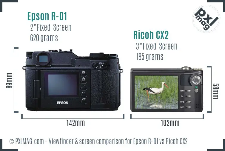 Epson R-D1 vs Ricoh CX2 Screen and Viewfinder comparison Epson R-D1 vs Ricoh CX2 Screen and Viewfinder comparison