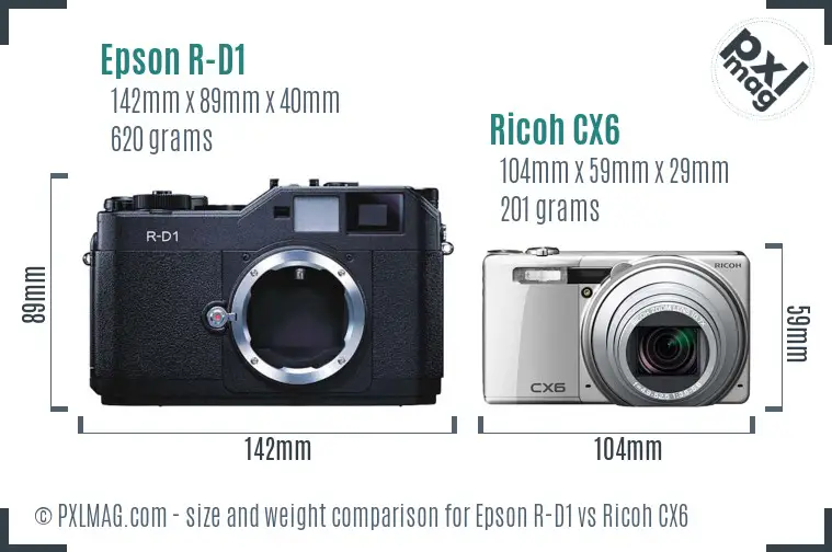 Epson R-D1 vs Ricoh CX6 size comparison