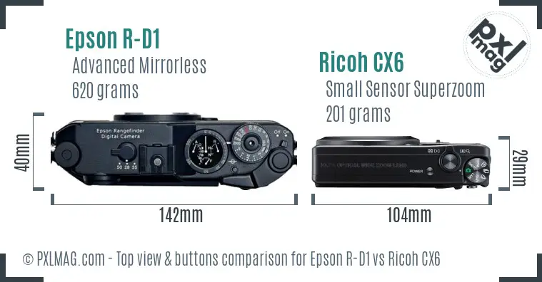 Epson R-D1 vs Ricoh CX6 top view buttons comparison