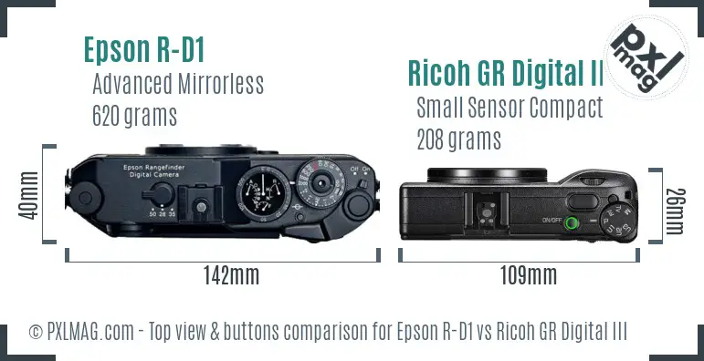Epson R-D1 vs Ricoh GR Digital III top view buttons comparison
