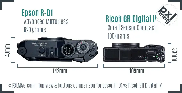 Epson R-D1 vs Ricoh GR Digital IV top view buttons comparison Epson R-D1 vs Ricoh GR Digital IV top view buttons comparison