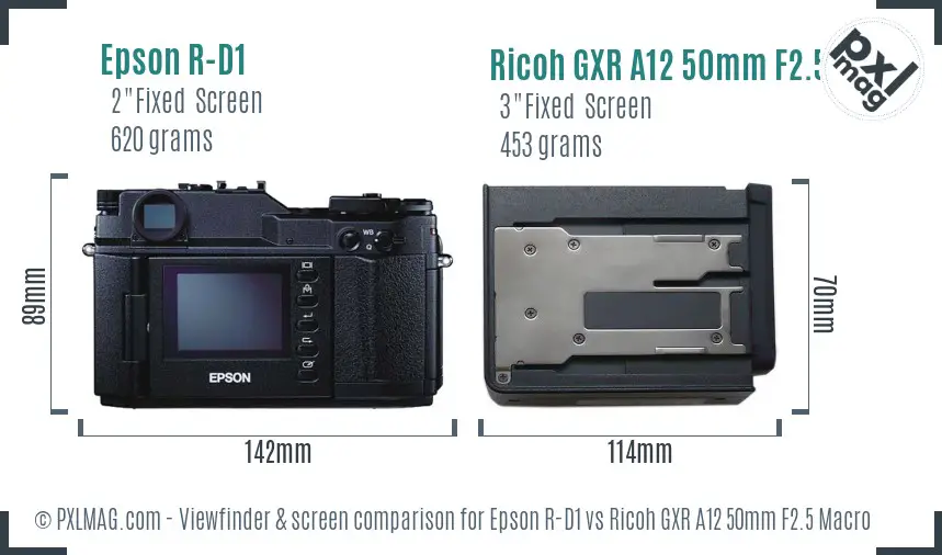 Epson R-D1 vs Ricoh GXR A12 50mm F2.5 Macro Screen and Viewfinder comparison