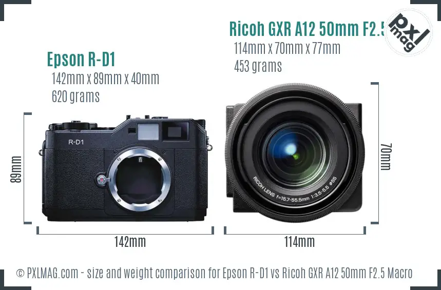 Epson R-D1 vs Ricoh GXR A12 50mm F2.5 Macro size comparison