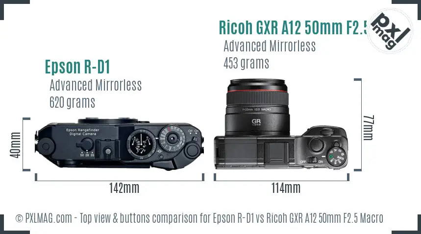 Epson R-D1 vs Ricoh GXR A12 50mm F2.5 Macro top view buttons comparison