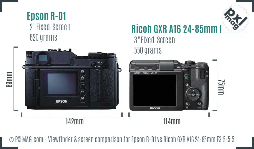 Epson R-D1 vs Ricoh GXR A16 24-85mm F3.5-5.5 Screen and Viewfinder comparison