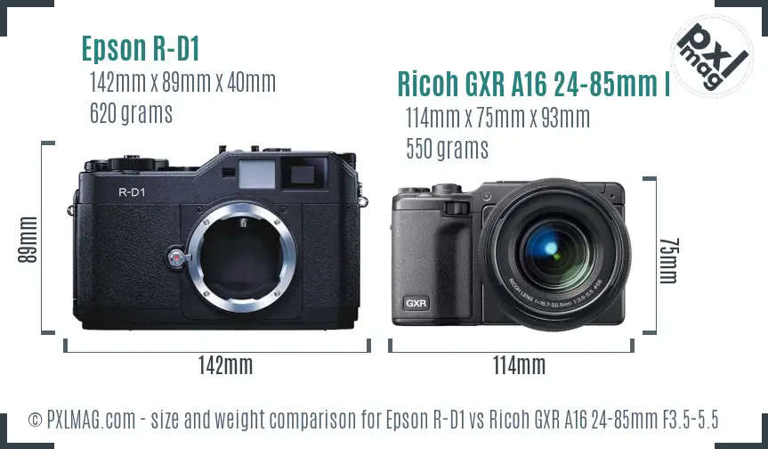 Epson R-D1 vs Ricoh GXR A16 24-85mm F3.5-5.5 size comparison