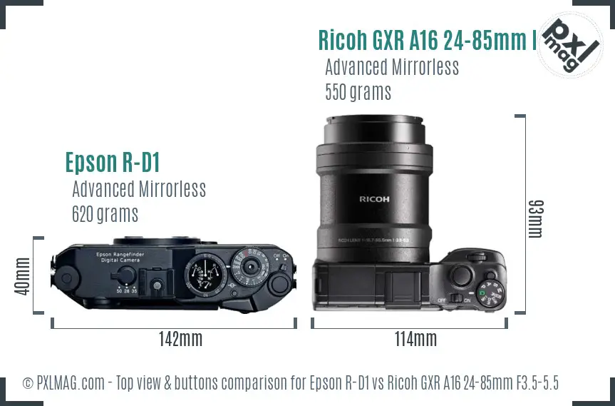 Epson R-D1 vs Ricoh GXR A16 24-85mm F3.5-5.5 top view buttons comparison