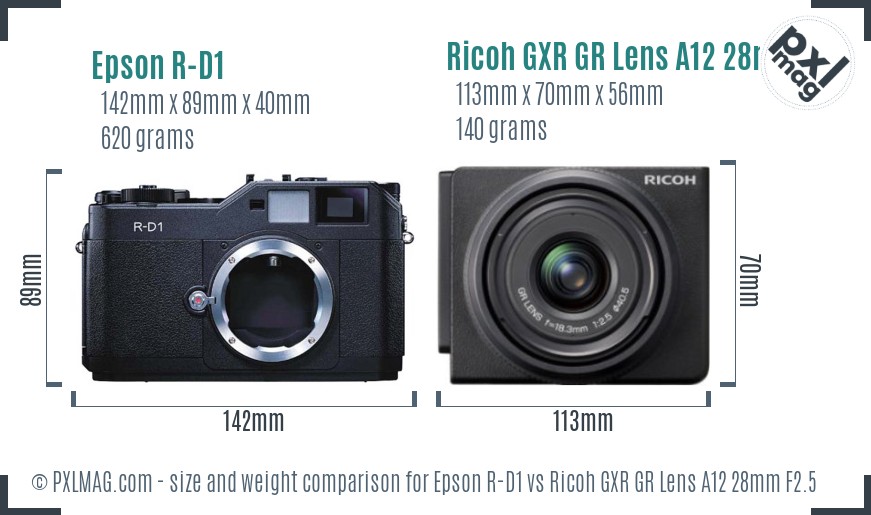 Epson R-D1 vs Ricoh GXR GR Lens A12 28mm F2.5 size comparison