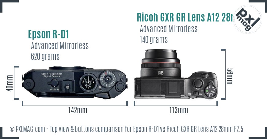 Epson R-D1 vs Ricoh GXR GR Lens A12 28mm F2.5 top view buttons comparison