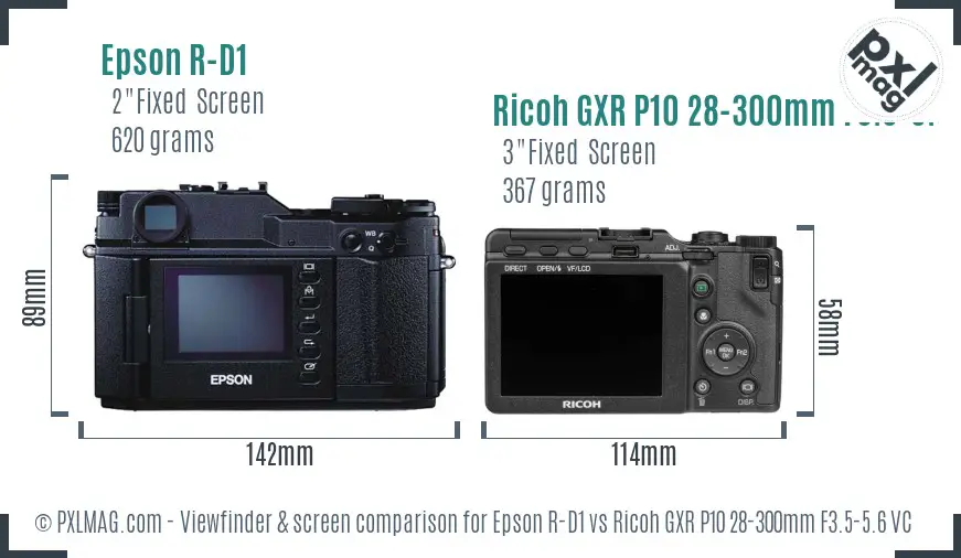 Epson R-D1 vs Ricoh GXR P10 28-300mm F3.5-5.6 VC Screen and Viewfinder comparison